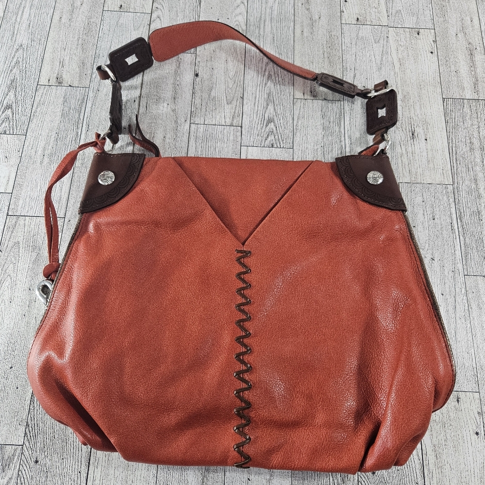 Brighton Shayla Genuine Leather Shoulder Bag Orange Metallic Accent Womans